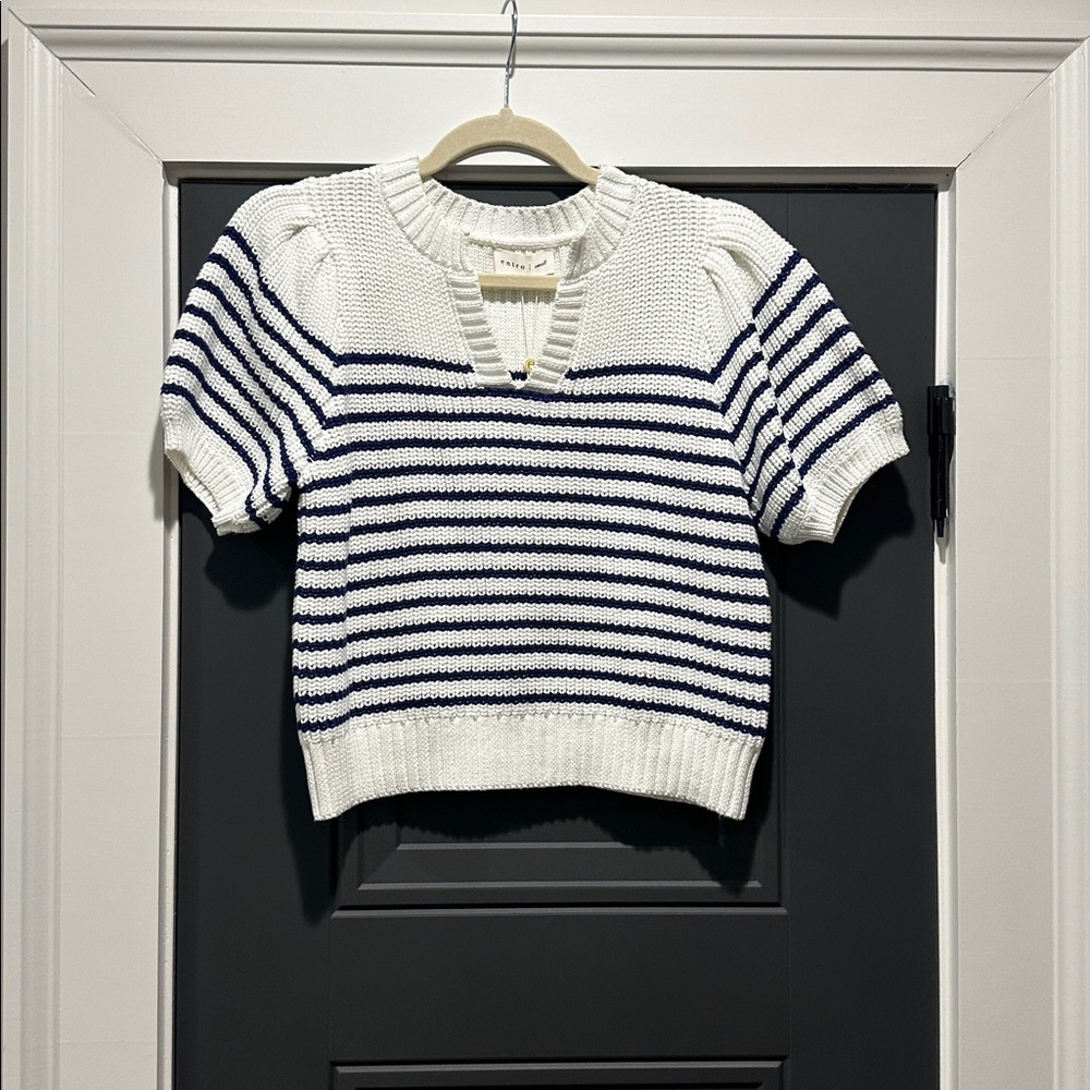 Entro Striped Knit Short Sleeve Sweater